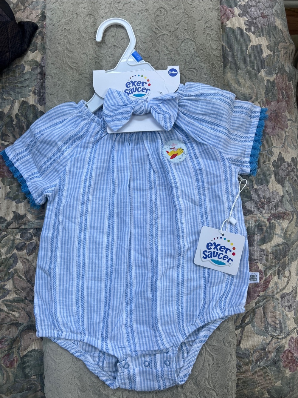 Exersaucer blue striped baby girl romper, matching bow headband 3-6 months
